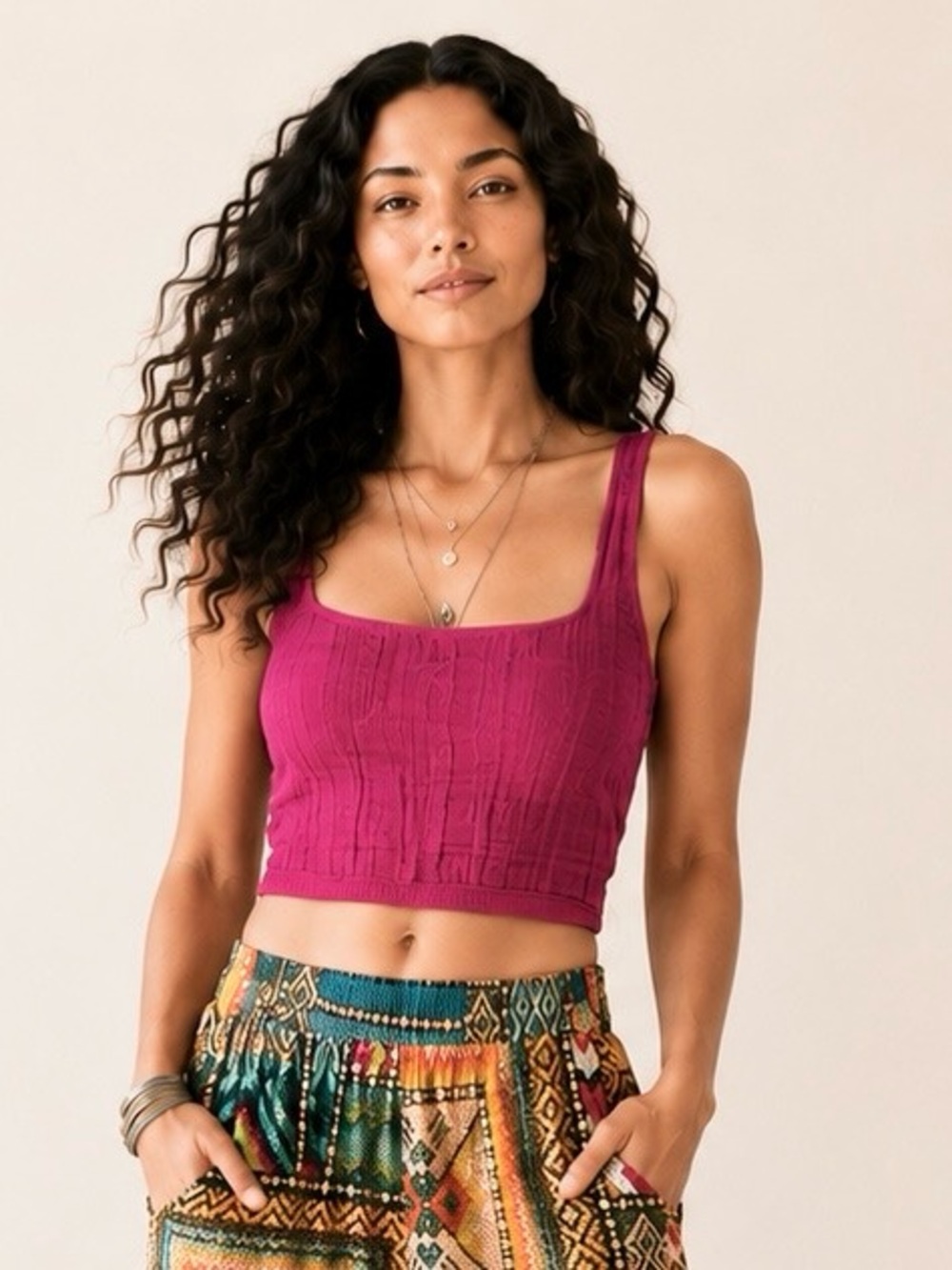 Anthropologie The Hannah Seamless Textured Tank Pink  Plaid Ribbed Edition S/M